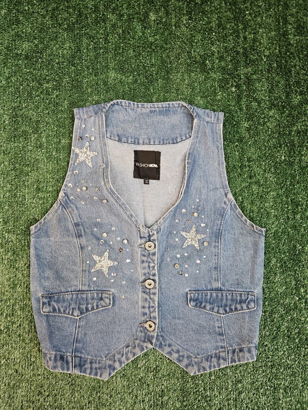 Fashion Nova Denim Jean Vest Womens S Blue Embellished Rhinestones Star Crystal